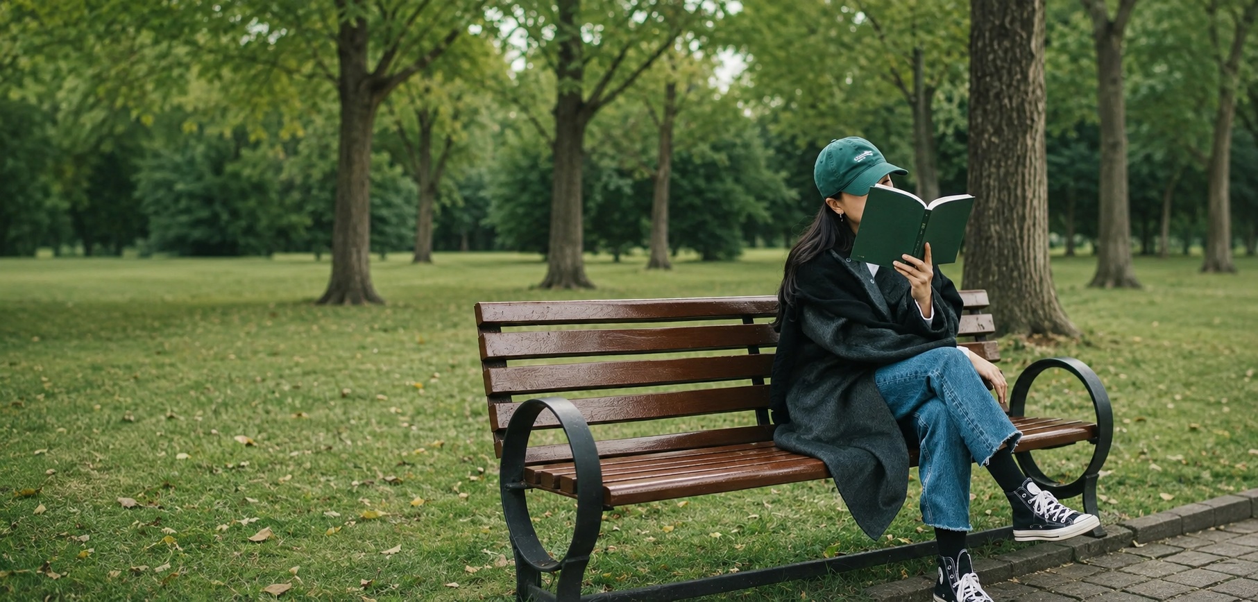 A reader on a park bench, part-way through a book